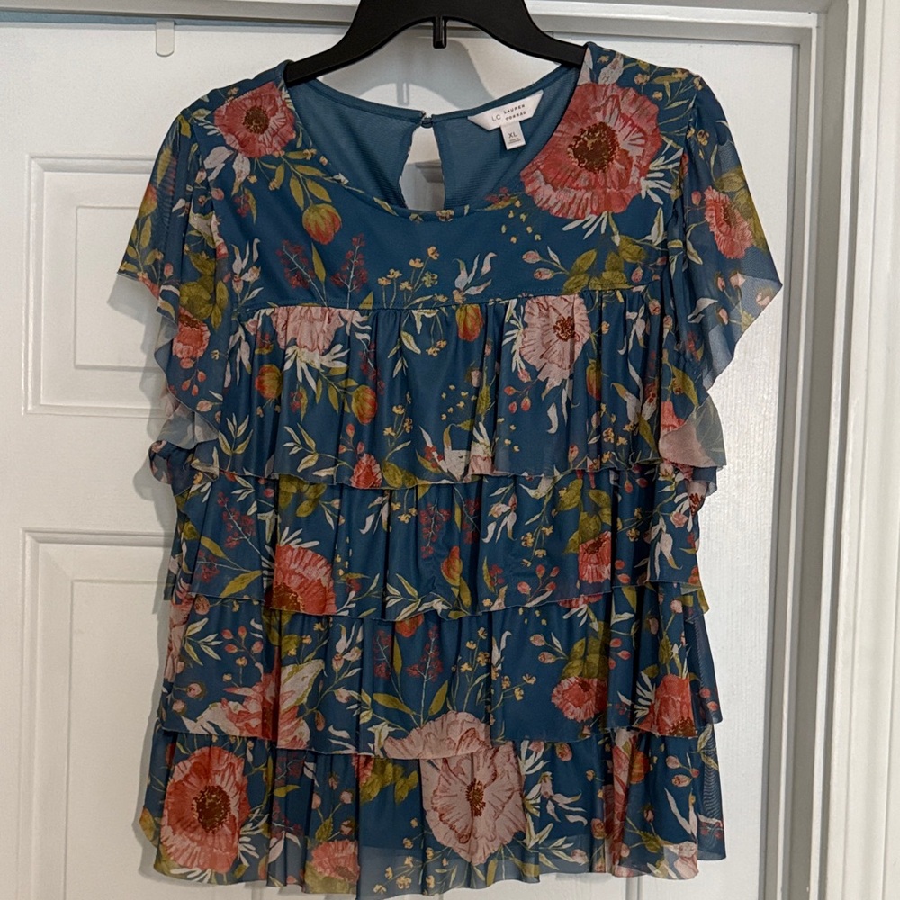 LC Lauren Conrad Teal Floral Ruffle Blouse